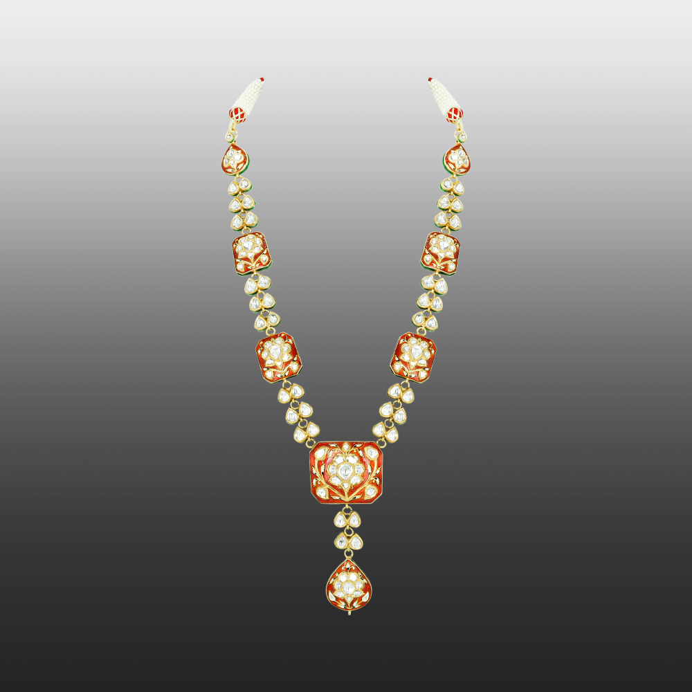 Polki Necklace with Red Enamel and Drop Pendant